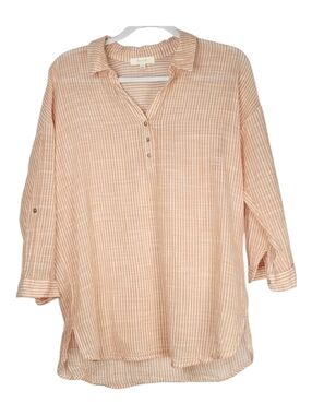 BeCool Peach Striped Button Down Blouse Size L 3/4 Sleeve Lightweight Casual